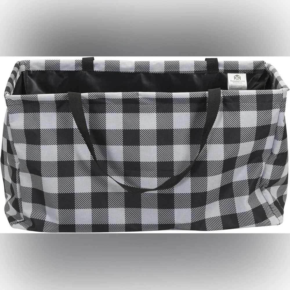 Household Essentials Utility Tote Bag‎ Large Black White Checkered Plaid NWT